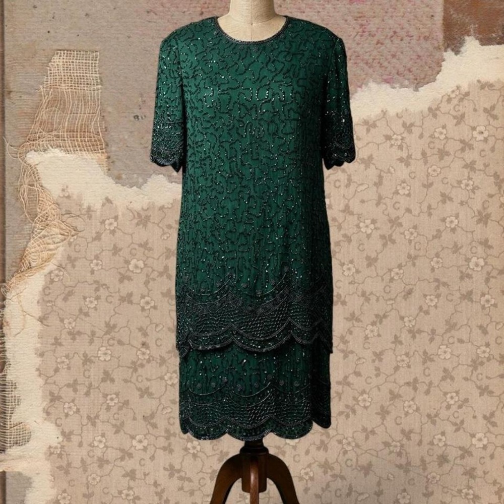 Vintage 1980s/90s Emerald Green 100% Silk Beaded Dress | Modern 2X/3X